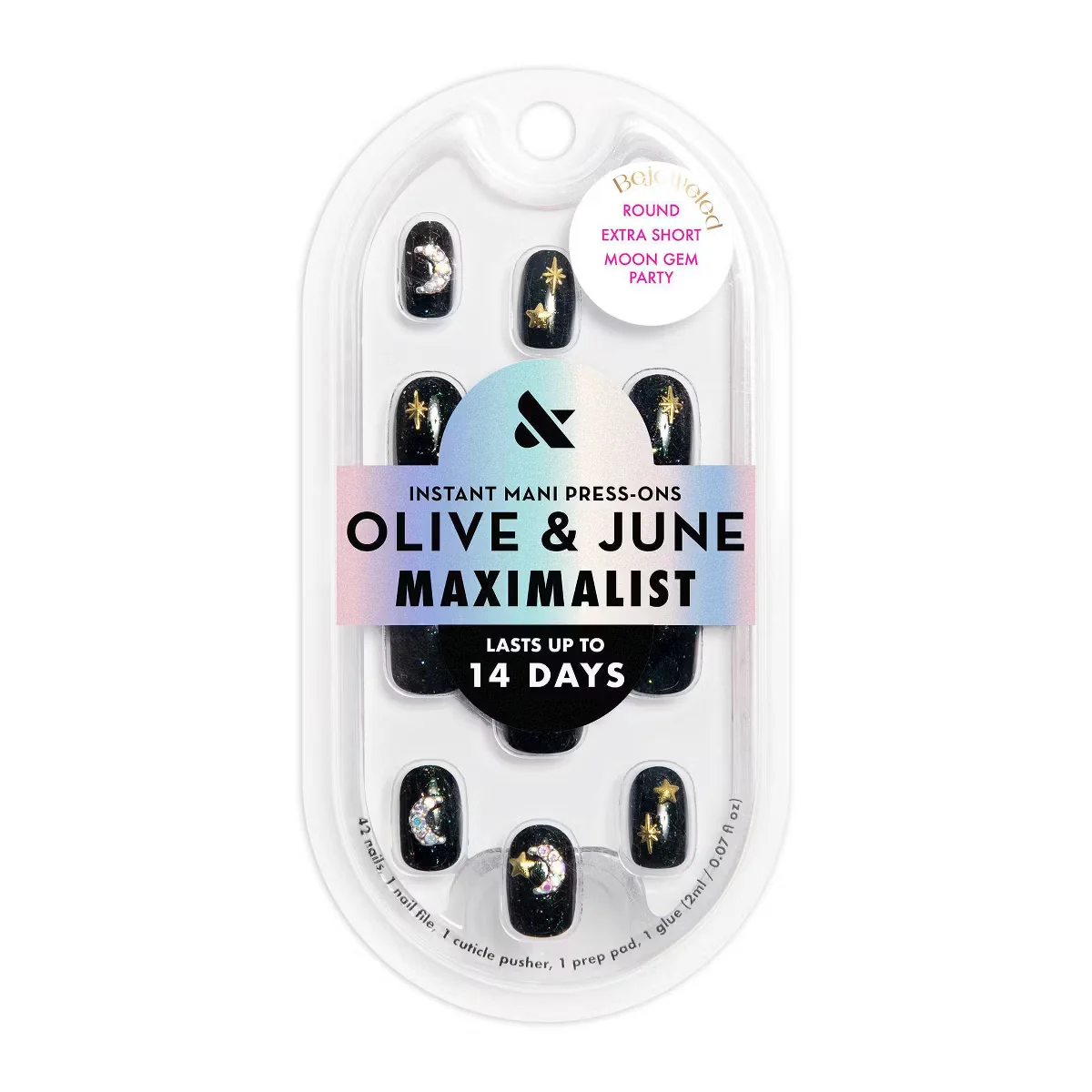 Bejeweled Round Extra Short Moon Gem Party Maximalist Instant Mani Press-Ons by Olive and June