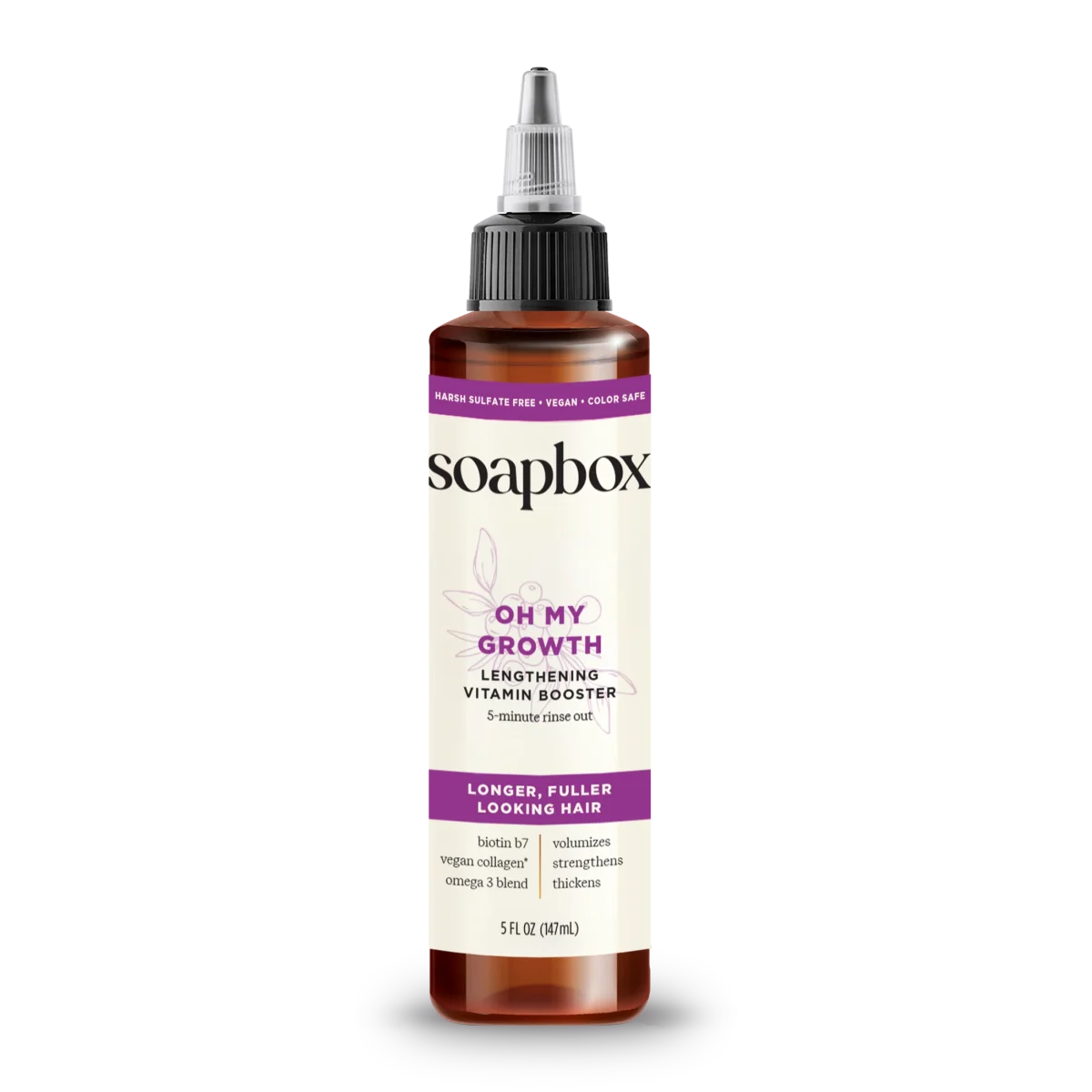 Oh My Growth Lengthening Vitamin Booster rinse-out treatment in 5 fl oz bottle with purple label and applicator nozzlPerson with dark curly hair holding white and purple hair treatment bottle against purple background.Dark amber bottle with black pointed cap labeled "soapbox Oh My Growth Lengthening Vitamin Booster" on mauve background.Brown tube with black applicator pump on purple background displaying lengthening vitamin booster hair treatment product.Soapbox Oh My Growth Lengthening Vitamin Booster bottle with black cap displayed next to halved plums on white surface againsPerson holding brown bottle with white pump dispenser while massaging scalp in tiled bathroom.Soapbox Oh My Growth Lengthening Vitamin Booster bottle with applicator tip on wooden surface with white flowers against purp Click to expand Oh My Growth Lengthening Vitamin Booster Rinse-Out Treatment by Soapbox