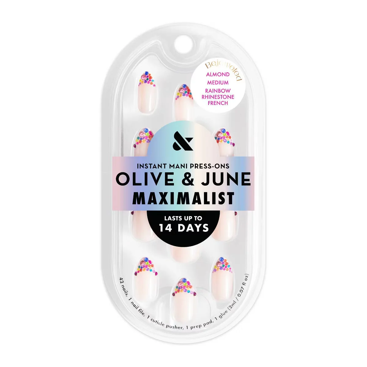 Bejeweled Almond Medium Rainbow Rhinestone French Instant Mani Press-Ons by Olive and June