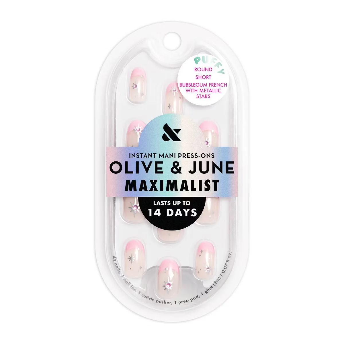 Bubblegum French with Metallic Stars Puffy Round Short Instant Mani Press-Ons by Olive and June