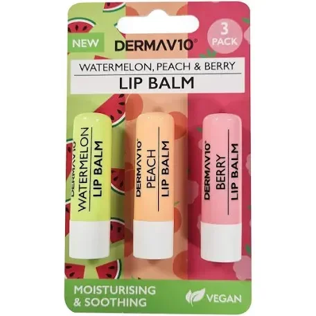 Watermelon, Peach, and Berry Lip Balms by Derma V10