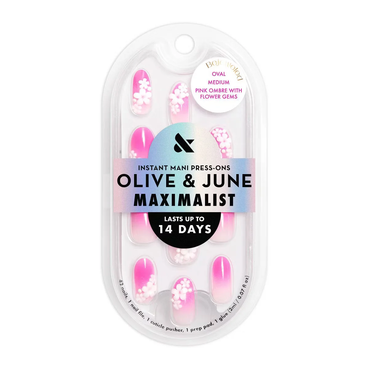 Pink Ombre with Flower Gems Bejeweled Oval Medium Instant Mani Press-Ons by Olive and June