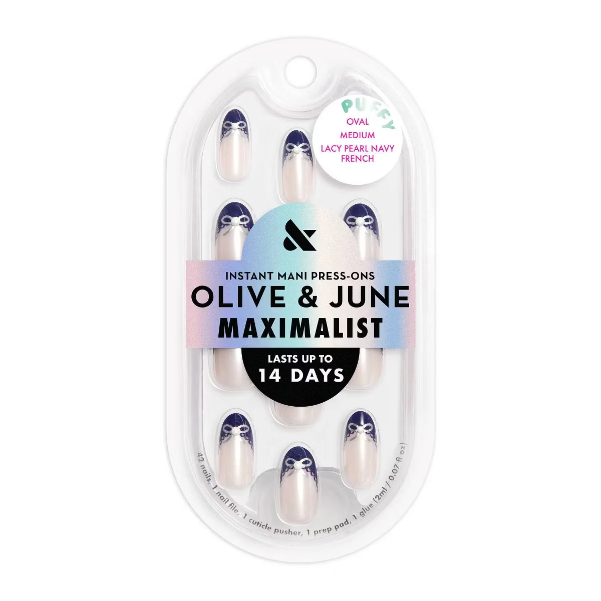 Lacy Pearl Navy French Puffy Oval Medium Instant Mani Press-Ons by Olive and June