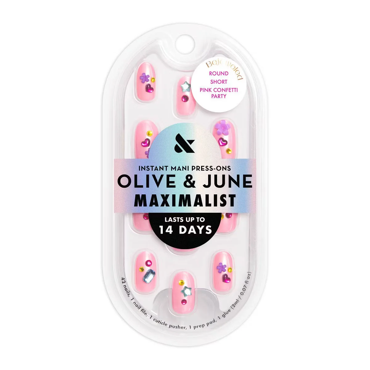 Pink Confetti Party Bejeweled Round Short Instant Mani Press-Ons by Olive and June